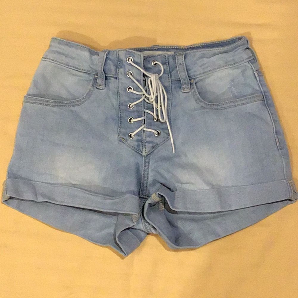 High rise, super stretch light denim shorts
